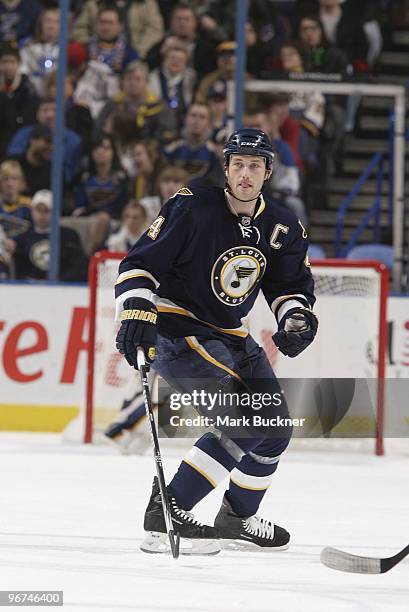 Eric Brewer of the St. Louis Blues skates against the Washington Capitals on February 13, 2010 at Scottrade Center in St. Louis, Missouri.