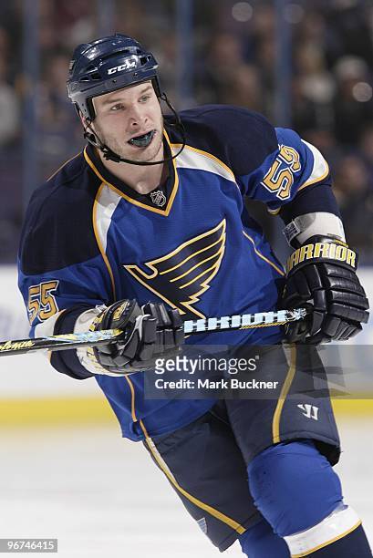 Cam Janssen of the St. Louis Blues skates against the Toronto Maple Leafs on February 12, 2010 at Scottrade Center in St. Louis, Missouri.