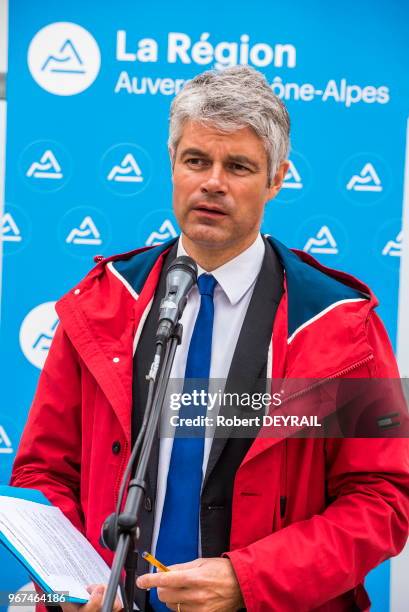 Laurent Wauquiez, pre?sident de la Re?gion Auvergne-Rho?ne-Alpes lors de l'officialisation de la participation de la Re?gion à la rénovation du site...