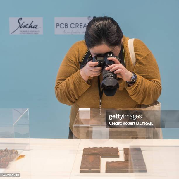 Un femme photographie une réalisation culinaire exposée au 30 ème Salon International de la Restauration de l'Hotelerie et de l'Alimentation à...