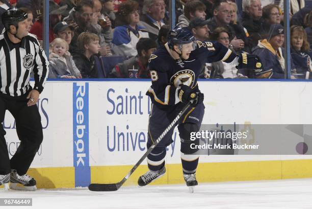 Jay McClement of the St. Louis Blues skates against the Washington Capitals on February 13, 2010 at Scottrade Center in St. Louis, Missouri.