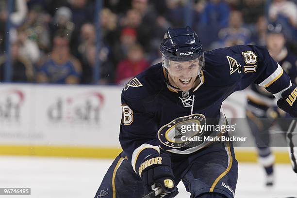 Jay McClement of the St. Louis Blues skates against the Washington Capitals on February 13, 2010 at Scottrade Center in St. Louis, Missouri.