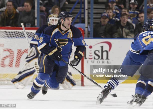 Barret Jackman of the St. Louis Blues skates against the Toronto Maple Leafs on February 12, 2010 at Scottrade Center in St. Louis, Missouri.