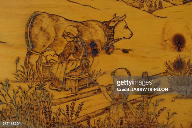 Detail de la porte d une caleche. Ferme Morand, couple d agriculteur, eleveur producteur de lait et cocher de caleche. Village de Megeve, Pays du...
