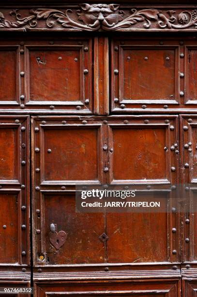 Door of typical house, Figeac, Lot, Midi-Pyrénées, France.