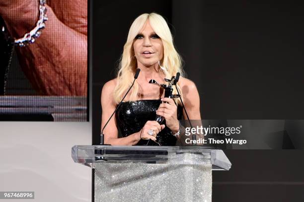 Designer Donatella Versace accepts the 2018 CFDA International award onstage during the 2018 CFDA Fashion Awards at Brooklyn Museum on June 4, 2018...
