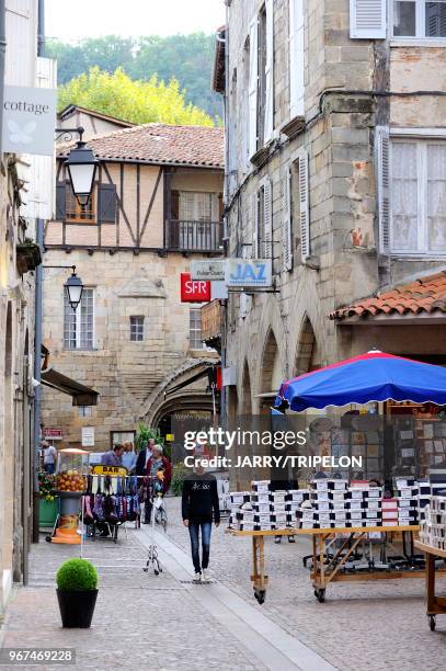 Gambetta street, shopping and pedestrian street, Figeac, Lot, Midi-Pyrénées, France.