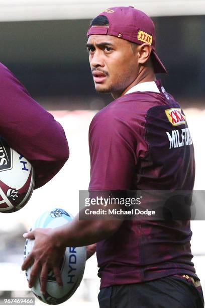 Anthony Milford of the Maroons looks on during a Queensland Maroons Captain's Run at the Melbourne Cricket Ground on June 5, 2018 in Melbourne,...