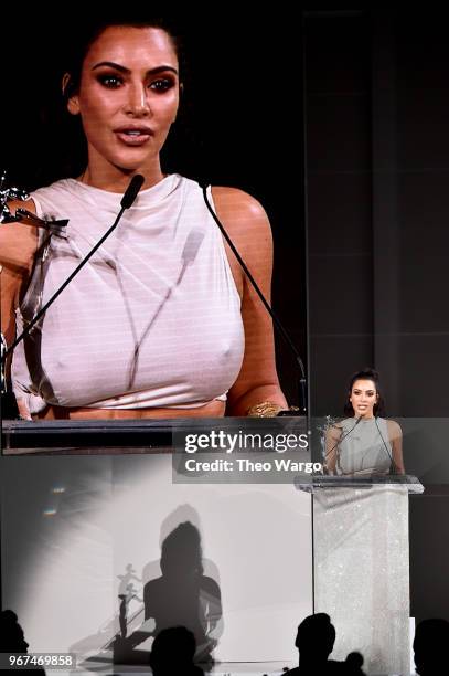 Kim Kardashian West accepts the 2018 CFDA Influencer Award onstage during the 2018 CFDA Fashion Awards at Brooklyn Museum on June 4, 2018 in New York...