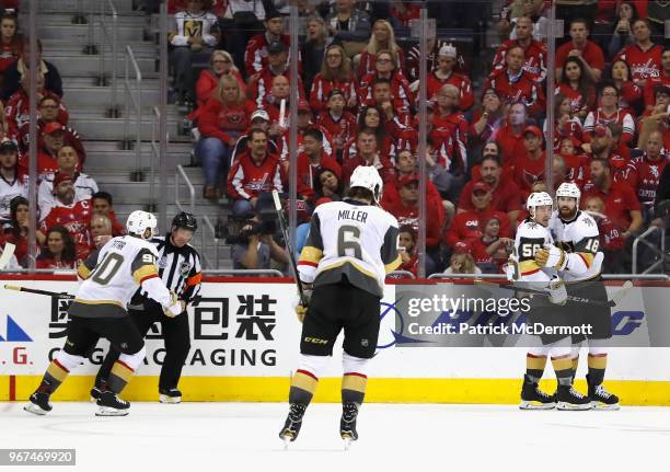 James Neal of the Vegas Golden Knights celebrates his goal with teammates during the second period of Game Four of the 2018 NHL Stanley Cup Final...