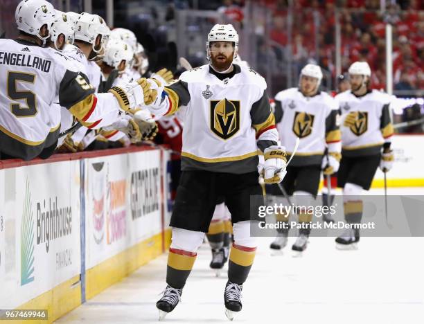 James Neal of the Vegas Golden Knights celebrates his goal with teammates during the second period of Game Four of the 2018 NHL Stanley Cup Final...