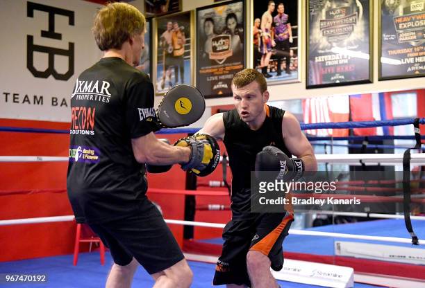 Jeff Horn in action with Trainer Glenn Rushton during a training session on June 4, 2018 in Las Vegas, Nevada.