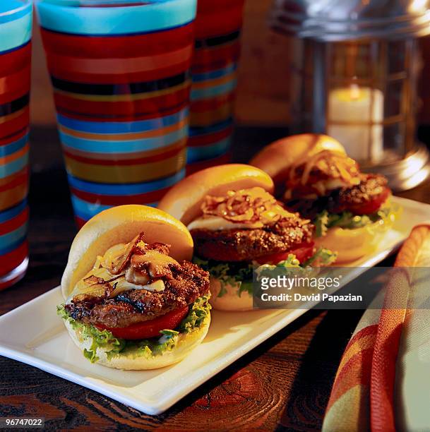 mini gourmet cheeseburgers - little burger fotografías e imágenes de stock