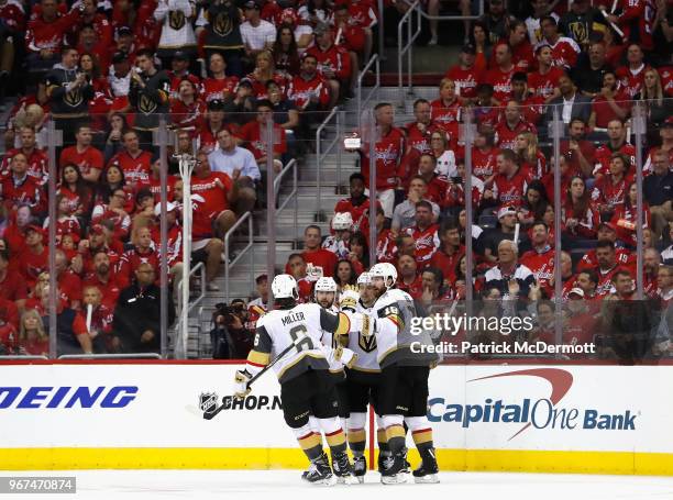 James Neal of the Vegas Golden Knights celebrates his goal with teammates during the second period of Game Four of the 2018 NHL Stanley Cup Final...