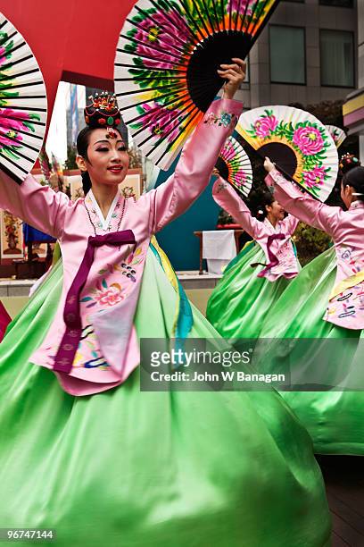 women dancing - korean tradition stock pictures, royalty-free photos & images