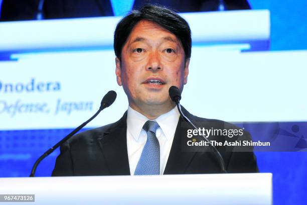 Japanese Defense Minister Itsunori Onodera addresses during the Asia Security Summit, aka Shangri-La Dialogue on June 2, 2018 in Singapore.