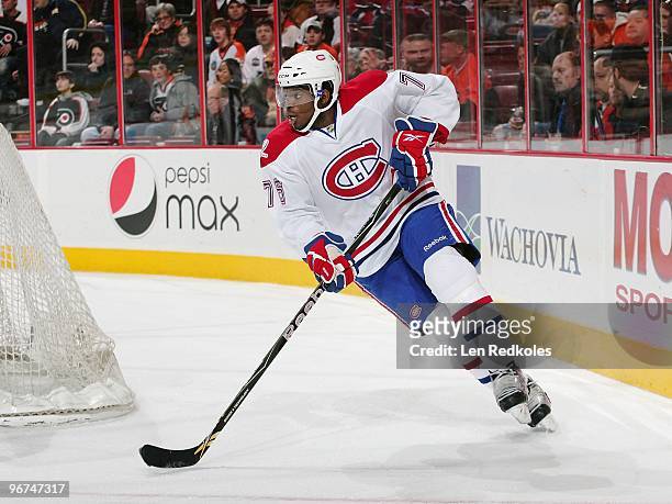 Subban of the Montreal Canadiens skates with the puck against the Philadelphia Flyers on February 12, 2010 at the Wachovia Center in Philadelphia,...