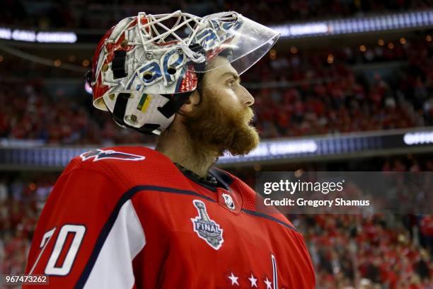 Braden Holtby of the Washington Capitals takes a breather during a time-out against the Vegas Golden Knights during the third period in Game Four of...