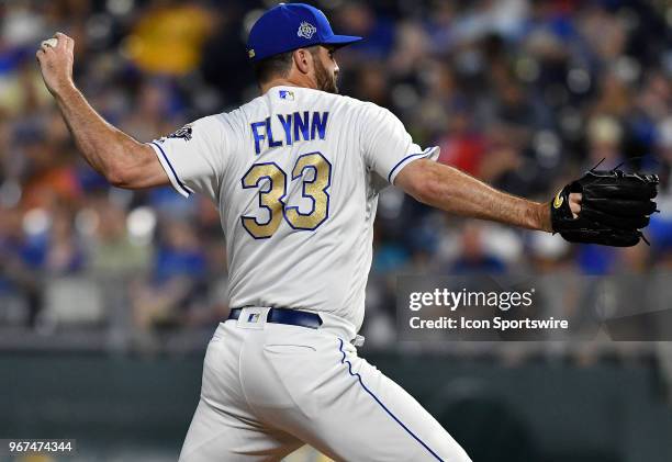 Kansas City Royals pitcher Brian Flynn pitches in relief during a Major League Baseball game between the Oakland Athletics and the Kansas City Royals...