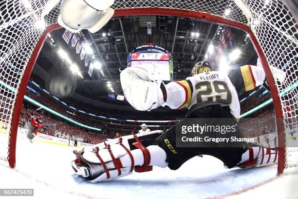 Marc-Andre Fleury of the Vegas Golden Knights allows a third-period goal to Michal Kempny of the Washington Capitals in Game Four of the 2018 NHL...