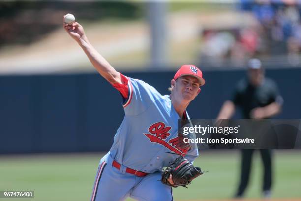 Mississippi Rebels pitcher James McArthur during the Tennessee Tech Golden Eagles versus Mississippi Rebels game on June 4, 2018 at Oxford-University...