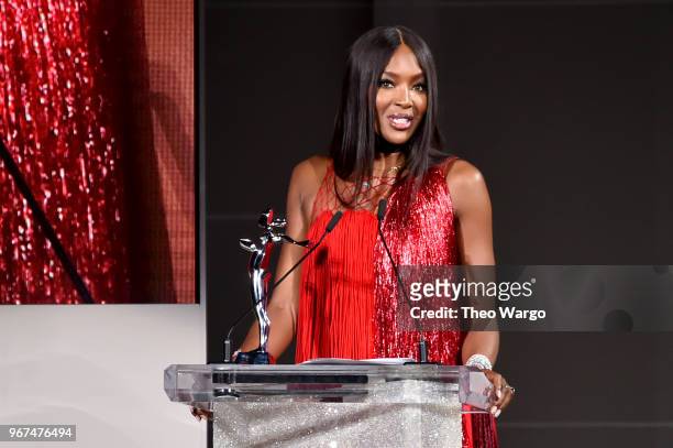 Naomi Campbell accepts the 2018 CFDA Fashion Icon Award onstage during the 2018 CFDA Fashion Awards at Brooklyn Museum on June 4, 2018 in New York...