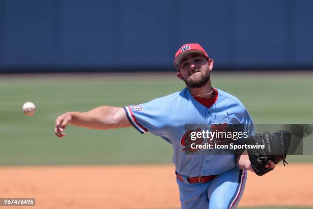 Mississippi Rebels pitcher Connor Green delivers a pitch during the Tennessee Tech Golden Eagles versus Mississippi Rebels game on June 4, 2018 at...