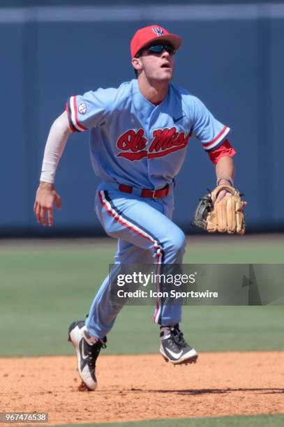 Mississippi Rebels infielder Grae Kessinger during the Tennessee Tech Golden Eagles versus Mississippi Rebels game on June 4, 2018 at...