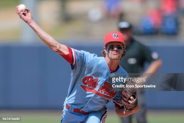 Mississippi Rebels infielder Ryan Olenek releases a pitch during the Tennessee Tech Golden Eagles versus Mississippi Rebels game on June 4, 2018 at...