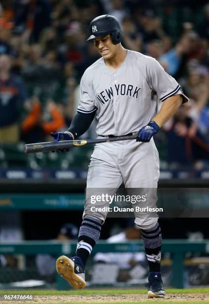 Aaron Judge of the New York Yankees reacts after striking out against the Detroit Tigers during the ninth inning of game two of a doubleheader at...