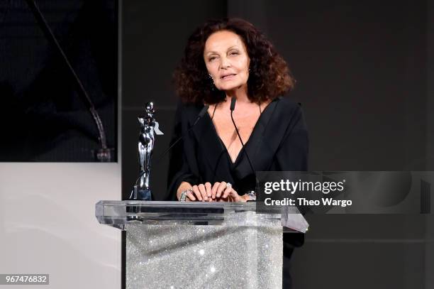 Designer Diane Von Furstenberg accepts the 2018 Swarovski Award for Positive Change onstage during the 2018 CFDA Fashion Awards at Brooklyn Museum on...