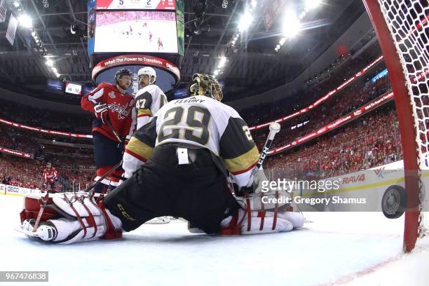 Marc-Andre Fleury of the Vegas Golden Knights reacts after allowing a third-period goal to Brett Connolly of the Washington Capitals in Game Four of...