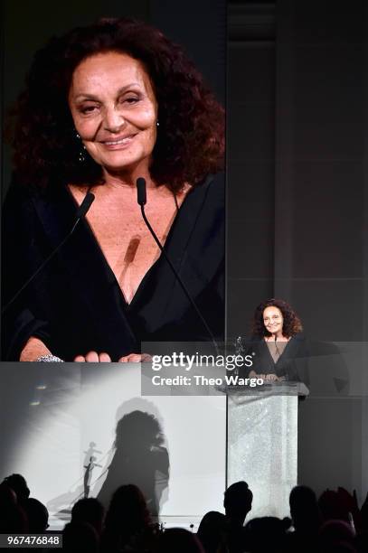 Designer Diane Von Furstenberg accepts the 2018 Swarovski Award for Positive Change onstage during the 2018 CFDA Fashion Awards at Brooklyn Museum on...