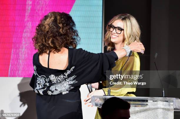 Parkland student activist Delaney Tarr presents The 2018 CFDA Swarovski Award to Diane Von Furstenberg onstage during the 2018 CFDA Fashion Awards at...