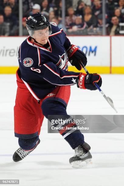 Defenseman Anton Stralman of the Columbus Blue Jackets skates against the Vancouver Canucks on February 12, 2010 at Nationwide Arena in Columbus,...
