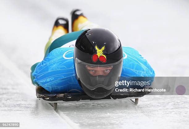 Anthony Deane of Australia practices during the Men's Skeleton training session on day 4 of the 2010 Winter Olympics at Whistler Sliding Centre on...