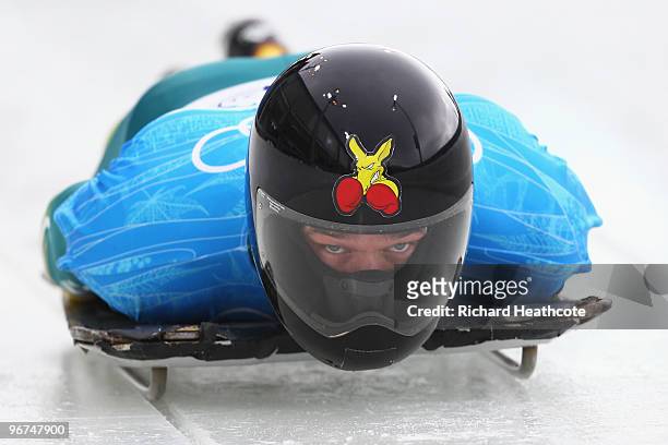 Anthony Deane of Australia practices during the Men's Skeleton training session on day 4 of the 2010 Winter Olympics at Whistler Sliding Centre on...