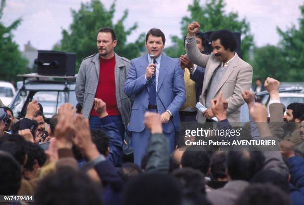 Meeting d'André Sainjon à l'usine Citroen d'Aulnay le 23 mai 1984, France.