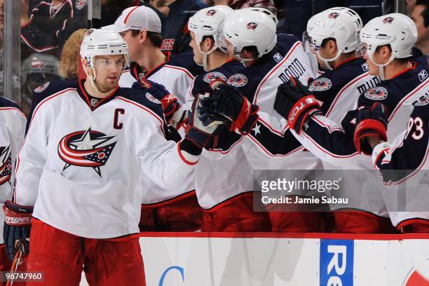 Forward Rick Nash of the Columbus Blue Jackets is congratulated after a scoring a goal against the Chicago Blackhawks on February 14, 2010 at...