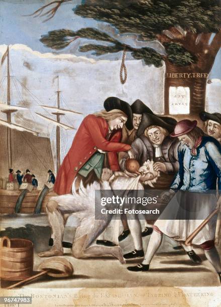 Political cartoon with the caption 'The Bostonians paying the Excise Man, or tarring and feathering,' depicting the tarring and feathering of John...
