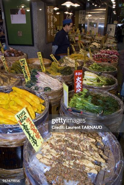 Pickles of vegetables at the Nishiki market, traditional market in Kyoto (Japan.