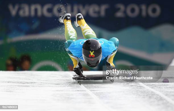 Anthony Deane of Australia practices during the Men's Skeleton training session on day 4 of the 2010 Winter Olympics at Whistler Sliding Centre on...