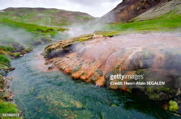 Sources chaudes alimentant la rivière Reykjadalsá, dans la vallée de Reykjadalur, zone géothermale de Hveragerdi, dans la région du Sudurland en...