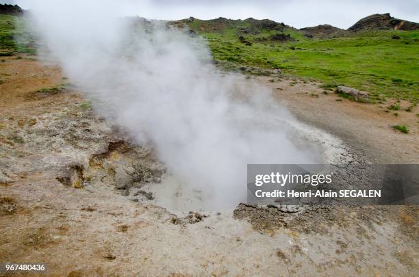 Marmite d'une source chaude, dans la vallée de Reykjadalur, zone géothermale de Hveragerdi, dans la région du Sudurland en Islande.