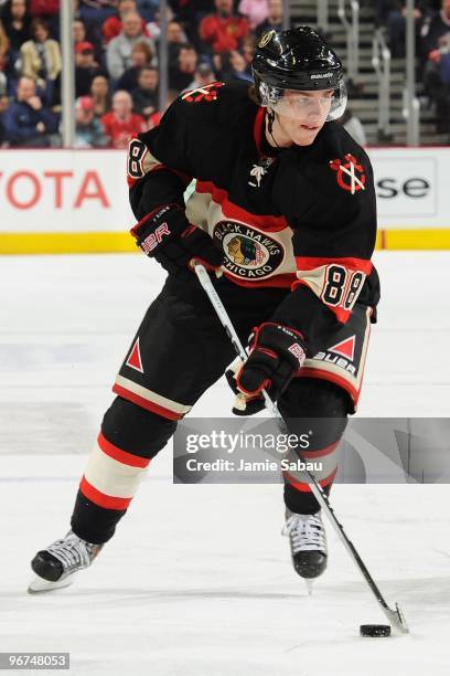 Forward Patrick Kane of the Chicago Blackhawks skates with the puck against the Columbus Blue Jackets on February 14, 2010 at Nationwide Arena in...