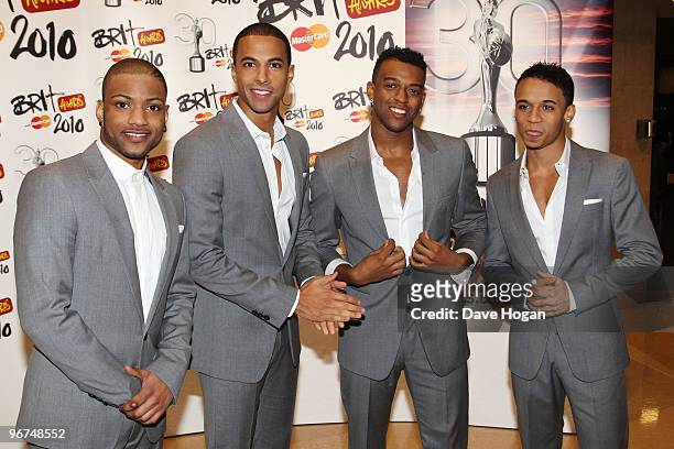 Jonathan 'JB' Gill, Marvin Humes, Oritse Williams and Aston Merrygold of JLS arrive at The Brit Awards 2010 held at Earls Court on February 16, 2010...