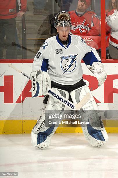 Antero Niittymaki of the Tampa Bay Lightning looks on during warm ups of a NHL hockey game against the Washington Capitals on January 31, 2010 at the...