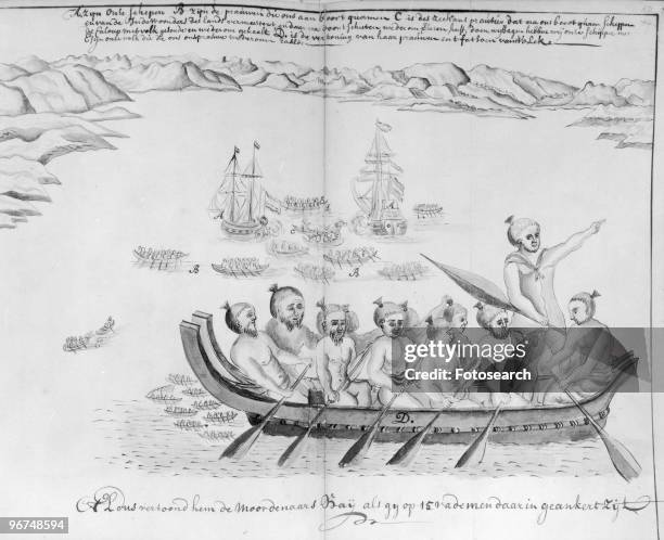 View of the Murderers' Bay, as you are at anchor here in 15 fathom', a drawing made by Abel Tasman's artist Isaac Gilsemans on the occasion of a...