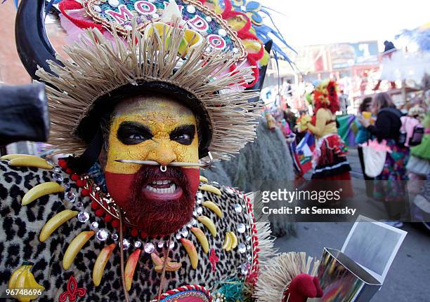 Member of the Mondo Kayo Marching Club poses during Mardi Gras day on February 16, 2010 in New Orleans, Louisiana. The annual Mardi Gras celebration...
