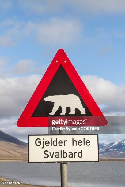 Norvège, Svalbard , Longyearbyen, panneau de signalisation d'ours blanc.